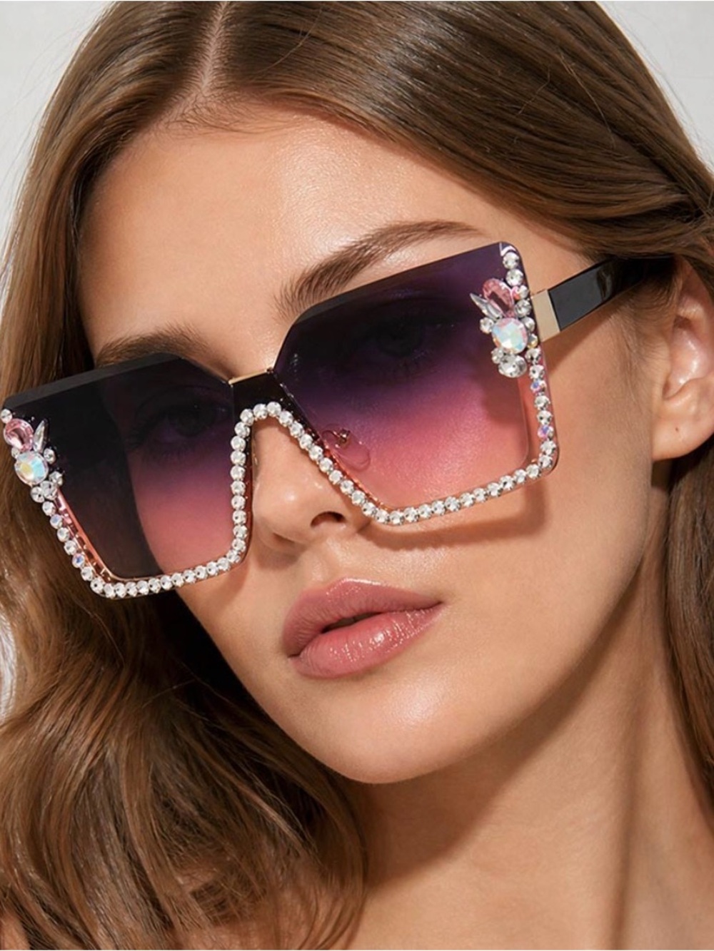 Oversized Square Gradient Pink Sunglasses with Crystal Trim